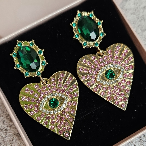 Mystical Evil Eye Glass Dangling Crystals Rhinestone Earrings Pink Green Gold - Picture 4 of 6